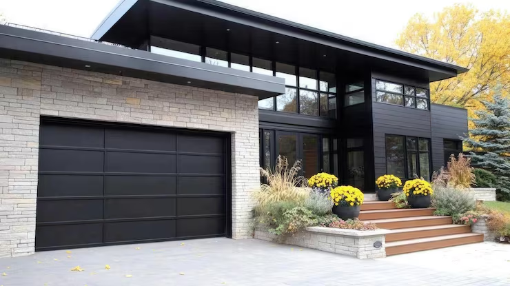 Modern garage door on beautiful home