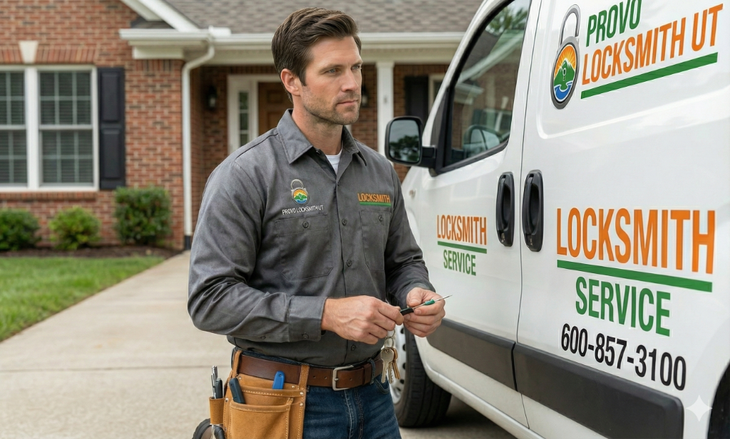 Locksmith professional with service vehicle