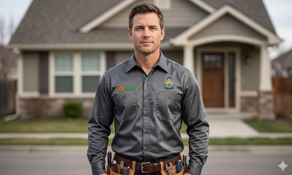 Locksmith professional with house in background