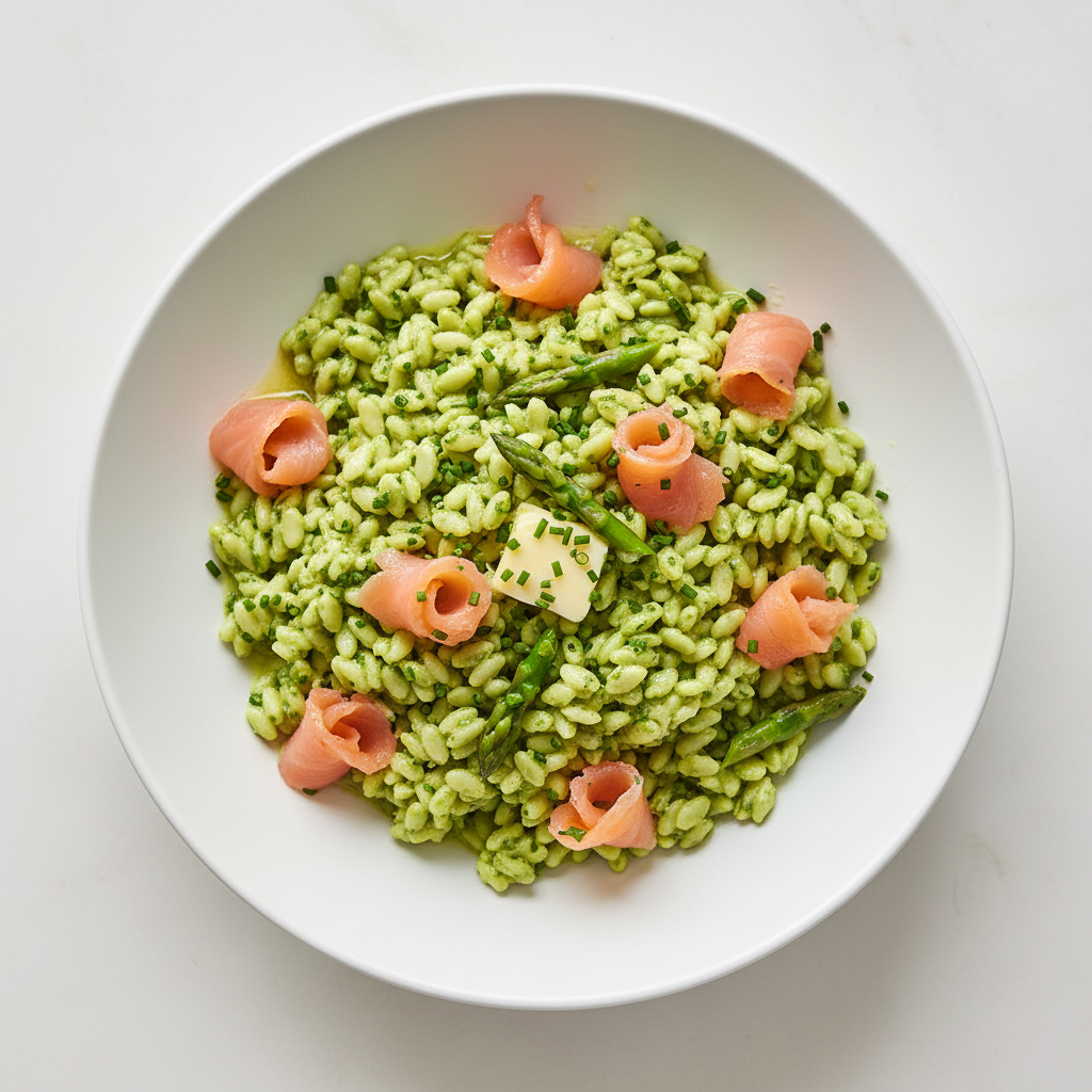 Risoni al Pesto di Asparagi e Salmone