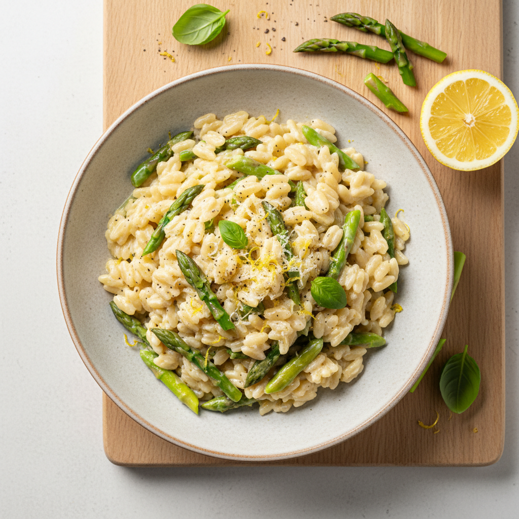 Risoni agli asparagi con crema di formaggio e limone