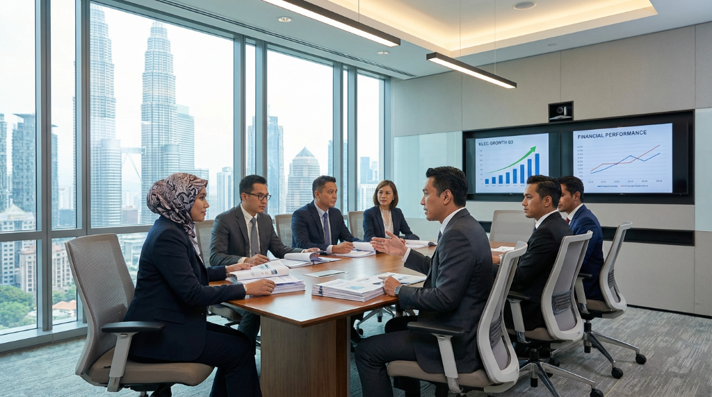 Modern boardroom with executives reviewing financial growth charts