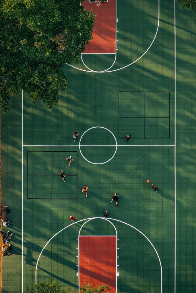 Custom combo court with interlocking modular tiles for basketball and pickleball