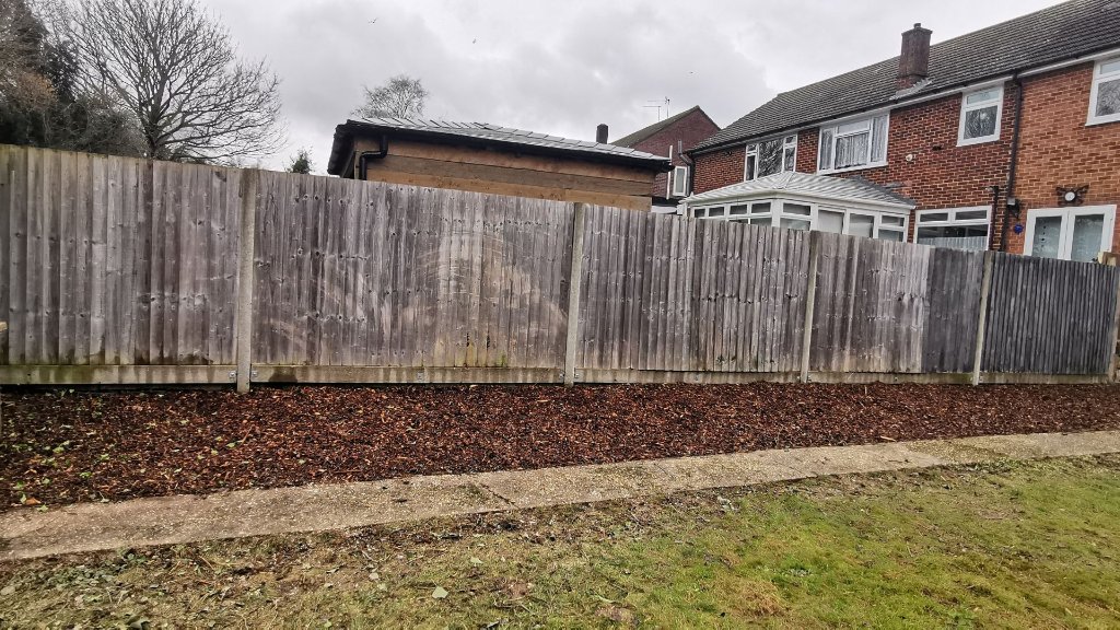 After: weed-covered Basingstoke garden path and borders weeded and jet washed clean