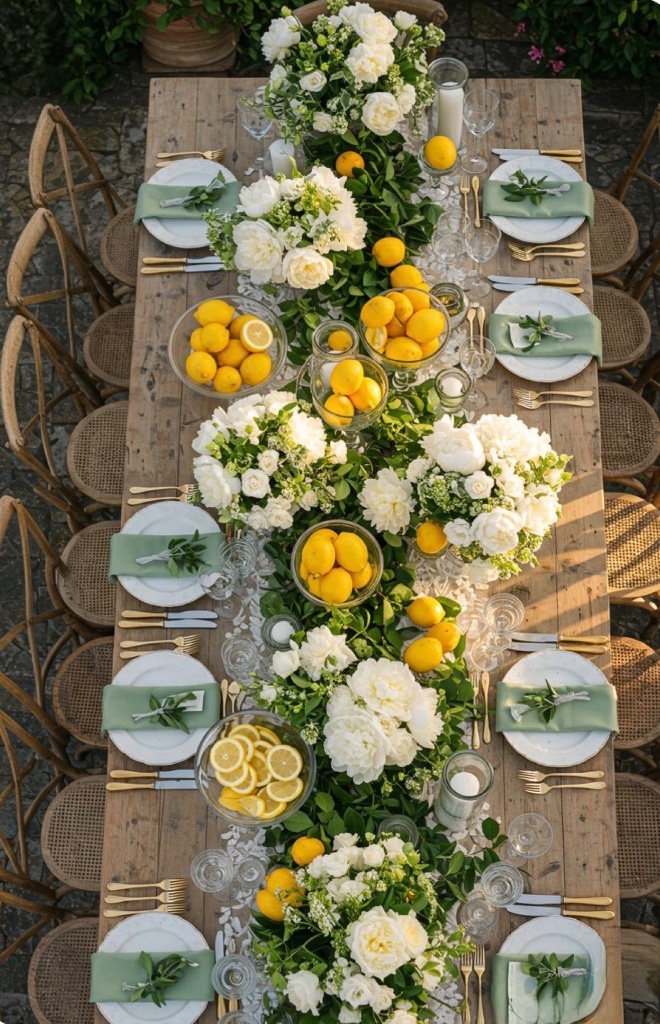 Table dressée avec fleurs blanches et citrons