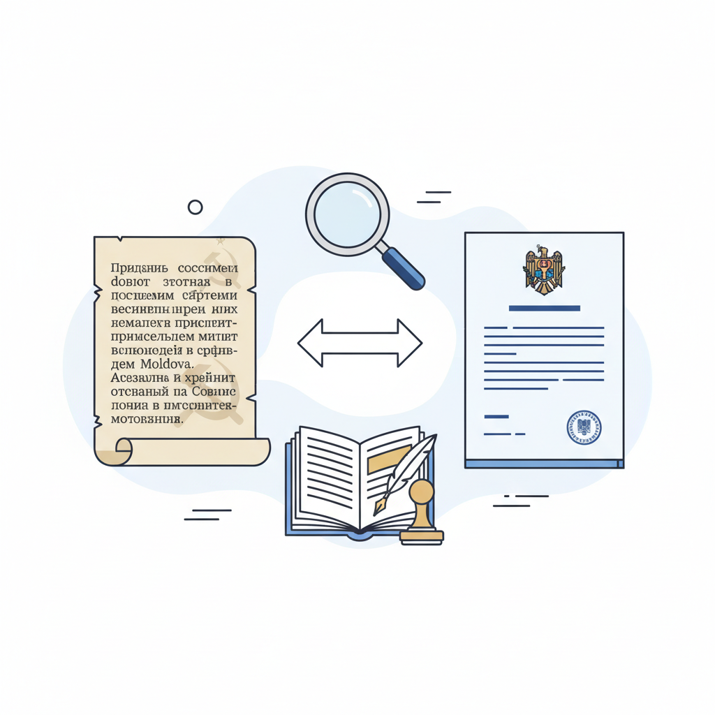 מעבר מקירילית ללטינית: תרגום מסמכי לידה ישנים ממולדובה הסובייטית. (נושא קריטי, שכן מסמכים ישנים כתובים ברוסית/קירילית וכיום מולדובה משתמשת בכתב לטיני). - הדרכה ויזואלית איור הסבר מפורט הממחיש את התהליך של מעבר מקירילית ללטינית: תרגום מסמכי לידה ישנים ממולדובה הסובייטית. (נושא קריטי, שכן מסמכים ישנים כתובים ברוסית/קירילית וכיום מולדובה משתמשת בכתב לטיני). עם דגשים ויזואליים