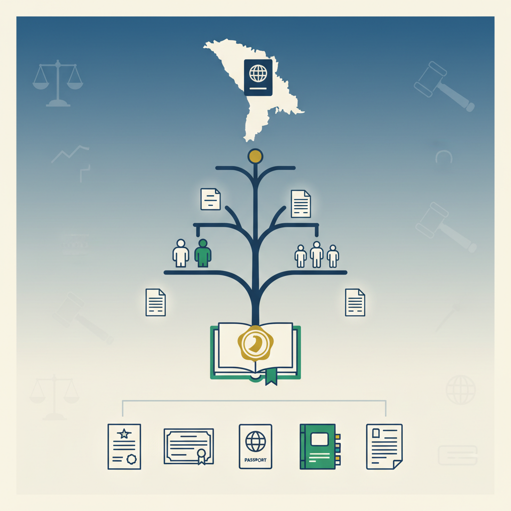 אזרחות מולדובנית לצאצאים: אלו מסמכים צריך להציג עבור הילדים והנכדים? (פונה לדור השני והשלישי המבקש דרכון). - הדרכה ויזואלית איור הסבר מפורט הממחיש את התהליך של אזרחות מולדובנית לצאצאים: אלו מסמכים צריך להציג עבור הילדים והנכדים? (פונה לדור השני והשלישי המבקש דרכון). עם דגשים ויזואליים