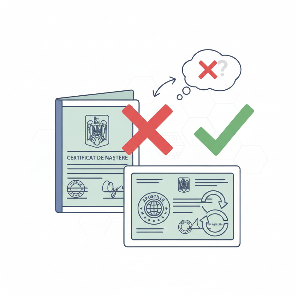 תרגום תעודת לידה רומנית למשרד הפנים: למה חובה לתרגם גם את המדבקה בגב המסמך? (התמקדות בתעודת הלידה ובטעות הנפוצה של התעלמות מתרגום האפוסטיל). - הדרכה ויזואלית איור הסבר מפורט הממחיש את התהליך של תרגום תעודת לידה רומנית למשרד הפנים: למה חובה לתרגם גם את המדבקה בגב המסמך? (התמקדות בתעודת הלידה ובטעות הנפוצה של התעלמות מתרגום האפוסטיל). עם דגשים ויזואליים