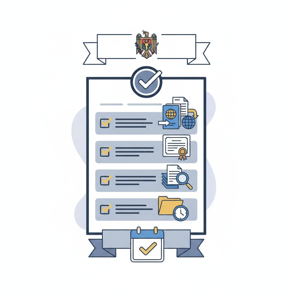 הכנה לפגישה בשגרירות מולדובה: צ'ק ליסט של כל התרגומים והאישורים. (מדריך מעשי ליום הגשת הבקשה). - הדרכה ויזואלית איור הסבר מפורט הממחיש את התהליך של הכנה לפגישה בשגרירות מולדובה: צ'ק ליסט של כל התרגומים והאישורים. (מדריך מעשי ליום הגשת הבקשה). עם דגשים ויזואליים