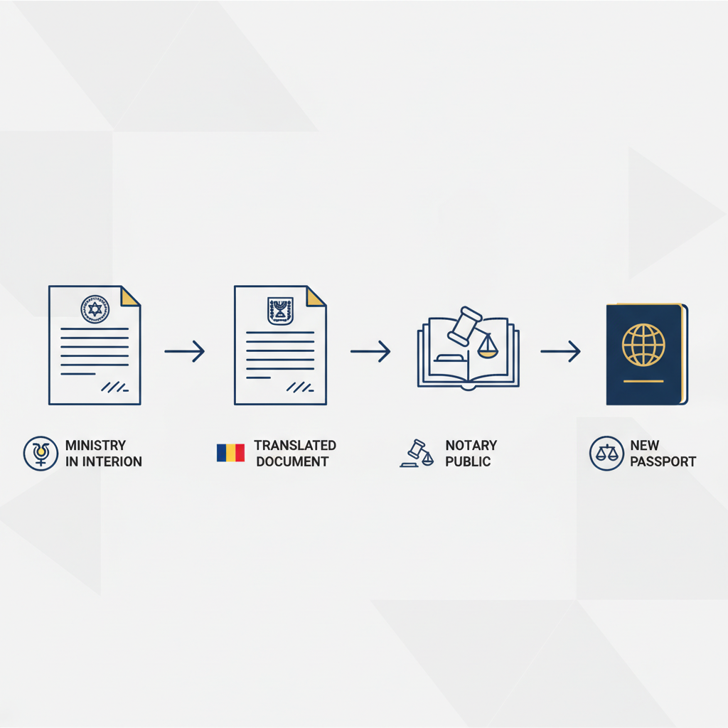 טופס שינוי שם ממשרד הפנים בתרגום לרומנית להוצאת דרכון - הדרכה ויזואלית איור הסבר מפורט הממחיש את התהליך של טופס שינוי שם ממשרד הפנים בתרגום לרומנית להוצאת דרכון עם דגשים ויזואליים