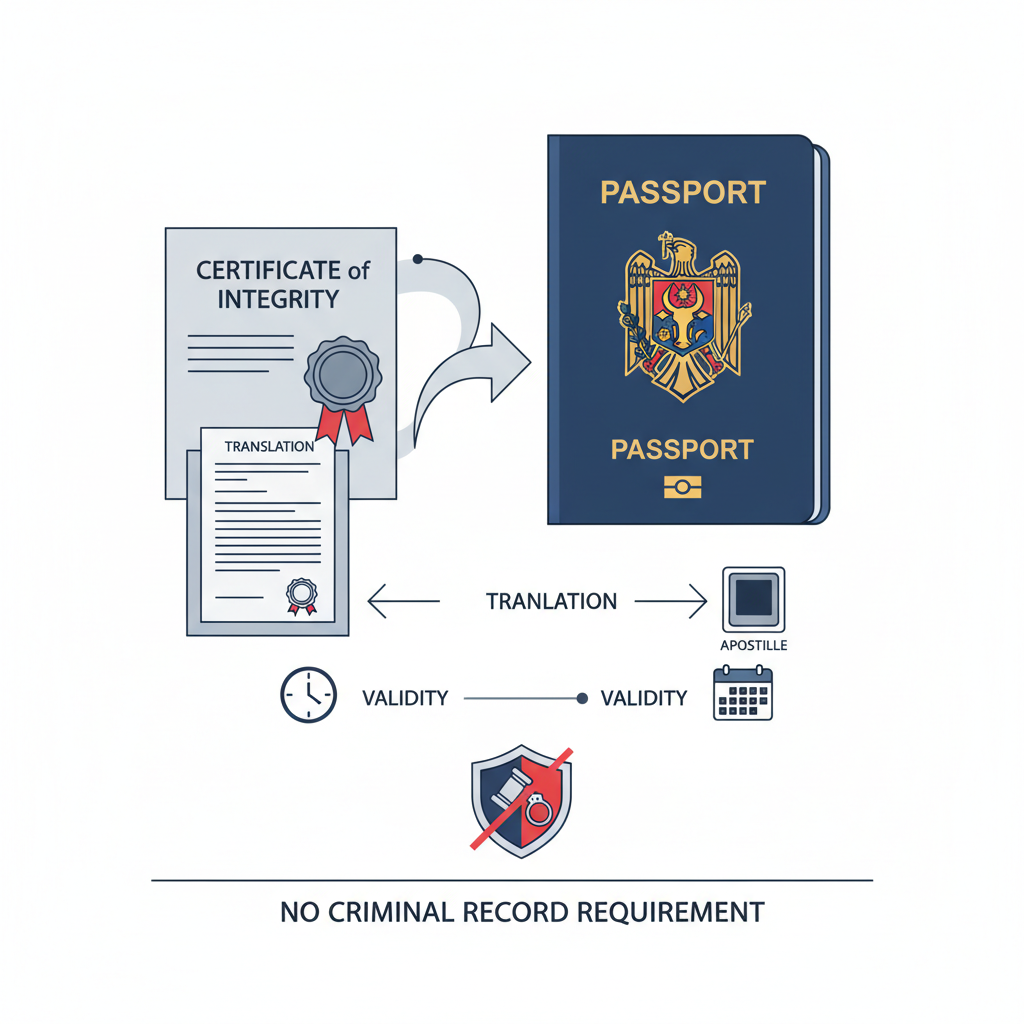 תעודת יושר לדרכון מולדובי: תרגום, אפוסטיל ותוקף המסמך. (הסבר על הדרישה להעדר רישום פלילי). - הדרכה ויזואלית איור הסבר מפורט הממחיש את התהליך של תעודת יושר לדרכון מולדובי: תרגום, אפוסטיל ותוקף המסמך. (הסבר על הדרישה להעדר רישום פלילי). עם דגשים ויזואליים