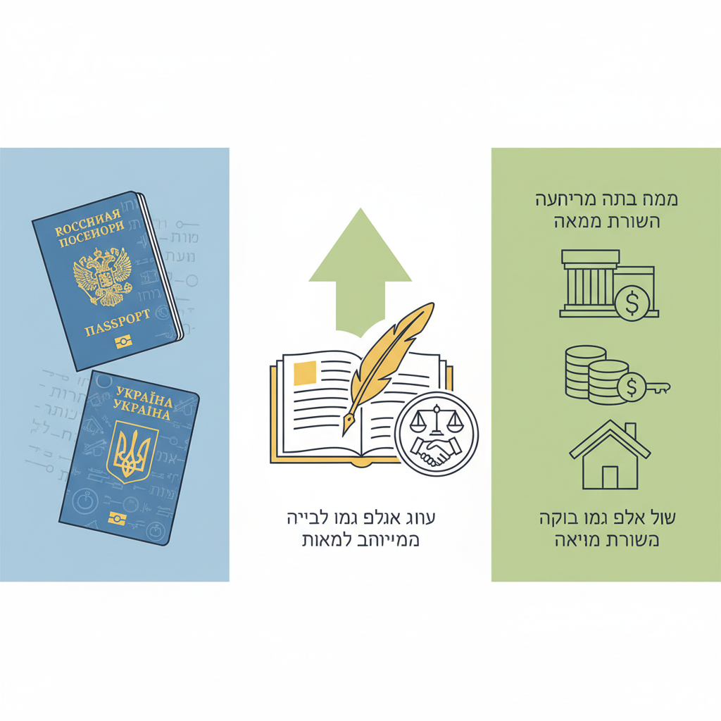 תרגום דרכון רוסי או אוקראיני לעברית לצרכי בנק ומשכנתא - הדרכה ויזואלית איור הסבר מפורט הממחיש את התהליך של תרגום דרכון רוסי או אוקראיני לעברית לצרכי בנק ומשכנתא עם דגשים ויזואליים
