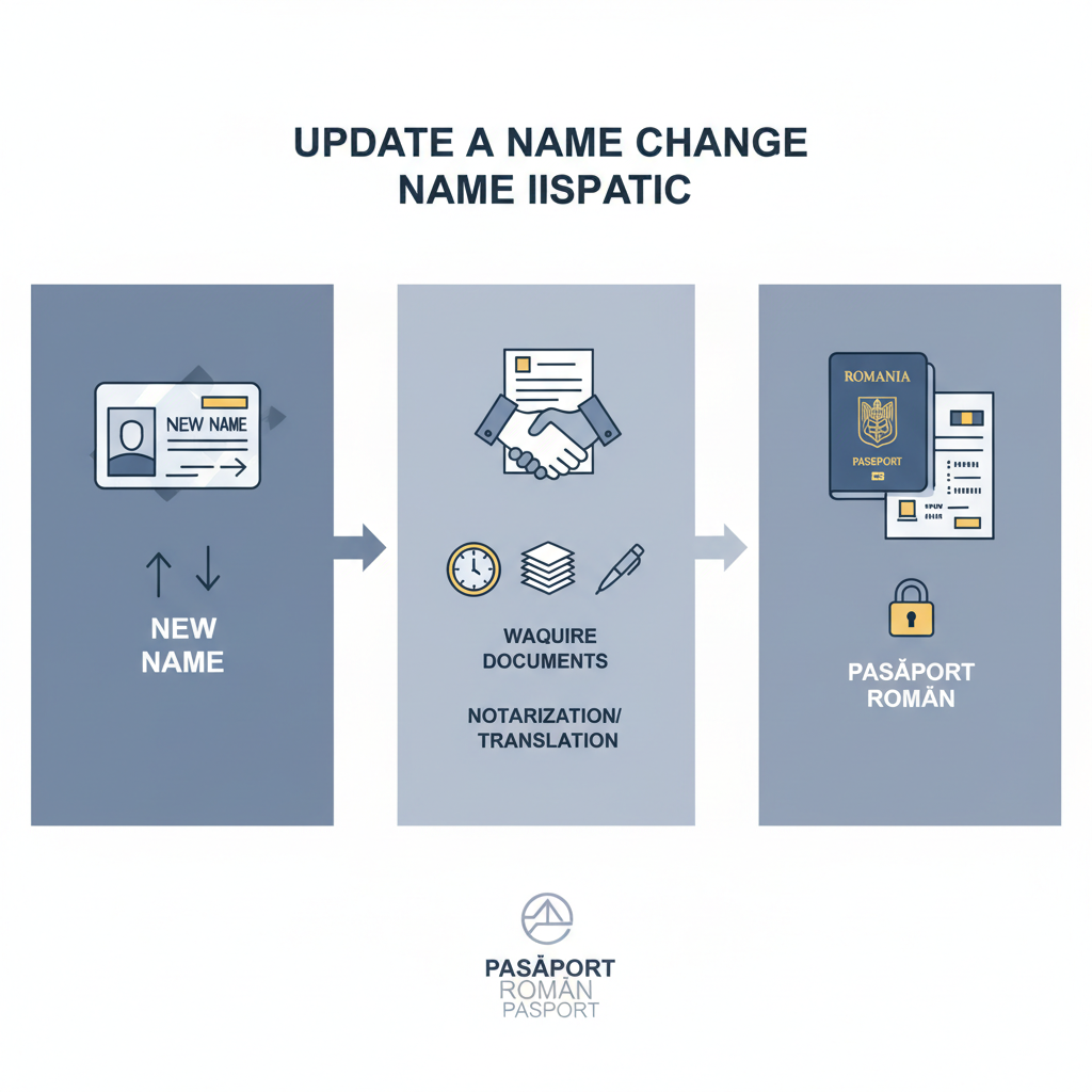 שינוי שם בתעודת הזהות הישראלית: איך מעדכנים את הדרכון הרומני? - הדרכה ויזואלית איור הסבר מפורט הממחיש את התהליך של שינוי שם בתעודת הזהות הישראלית: איך מעדכנים את הדרכון הרומני? עם דגשים ויזואליים