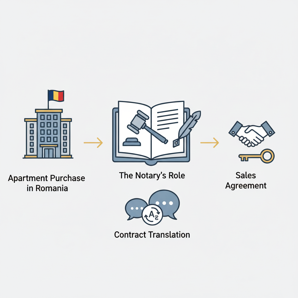 קניית דירה ברומניה: תפקיד הנוטריון בתרגום חוזה המכר. - הדרכה ויזואלית איור הסבר מפורט הממחיש את התהליך של קניית דירה ברומניה: תפקיד הנוטריון בתרגום חוזה המכר. עם דגשים ויזואליים