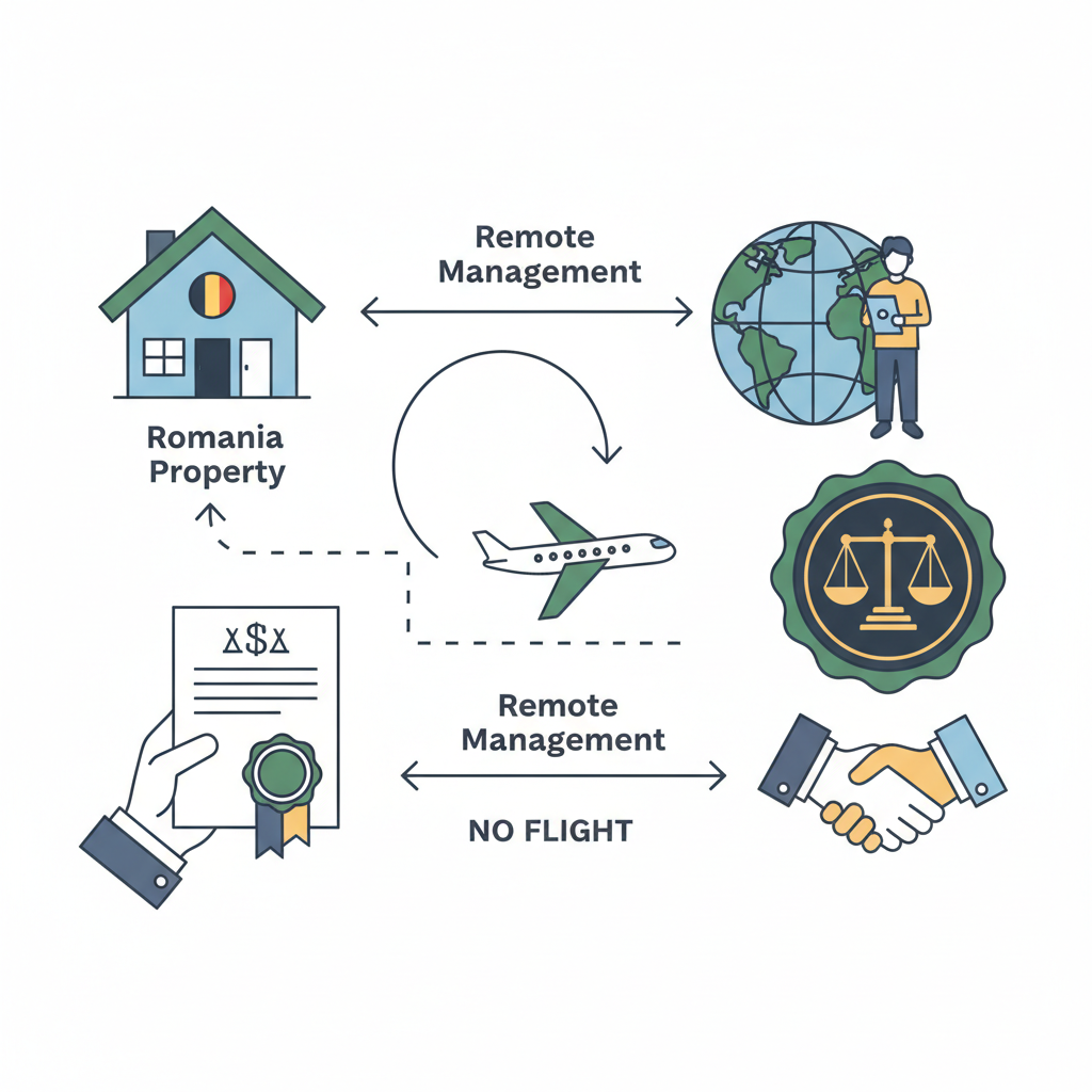 ייפוי כוח נוטריוני לרומניה (Procura): איך לנהל נכסים מרחוק בלי לטוס? - הדרכה ויזואלית איור הסבר מפורט הממחיש את התהליך של ייפוי כוח נוטריוני לרומניה (Procura): איך לנהל נכסים מרחוק בלי לטוס? עם דגשים ויזואליים