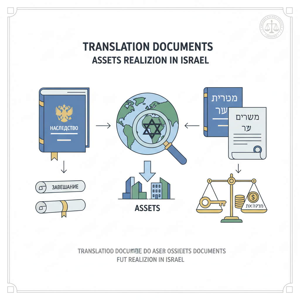 תרגום צו ירושה וצוואה מרוסית לעברית למימוש נכסים בישראל - הדרכה ויזואלית איור הסבר מפורט הממחיש את התהליך של תרגום צו ירושה וצוואה מרוסית לעברית למימוש נכסים בישראל עם דגשים ויזואליים
