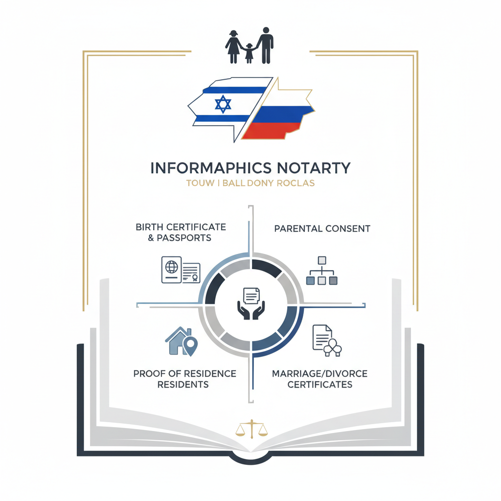 אזרחות רוסית לילדים שנולדו בישראל: רשימת המסמכים הנדרשת - הדרכה ויזואלית איור הסבר מפורט הממחיש את התהליך של אזרחות רוסית לילדים שנולדו בישראל: רשימת המסמכים הנדרשת עם דגשים ויזואליים