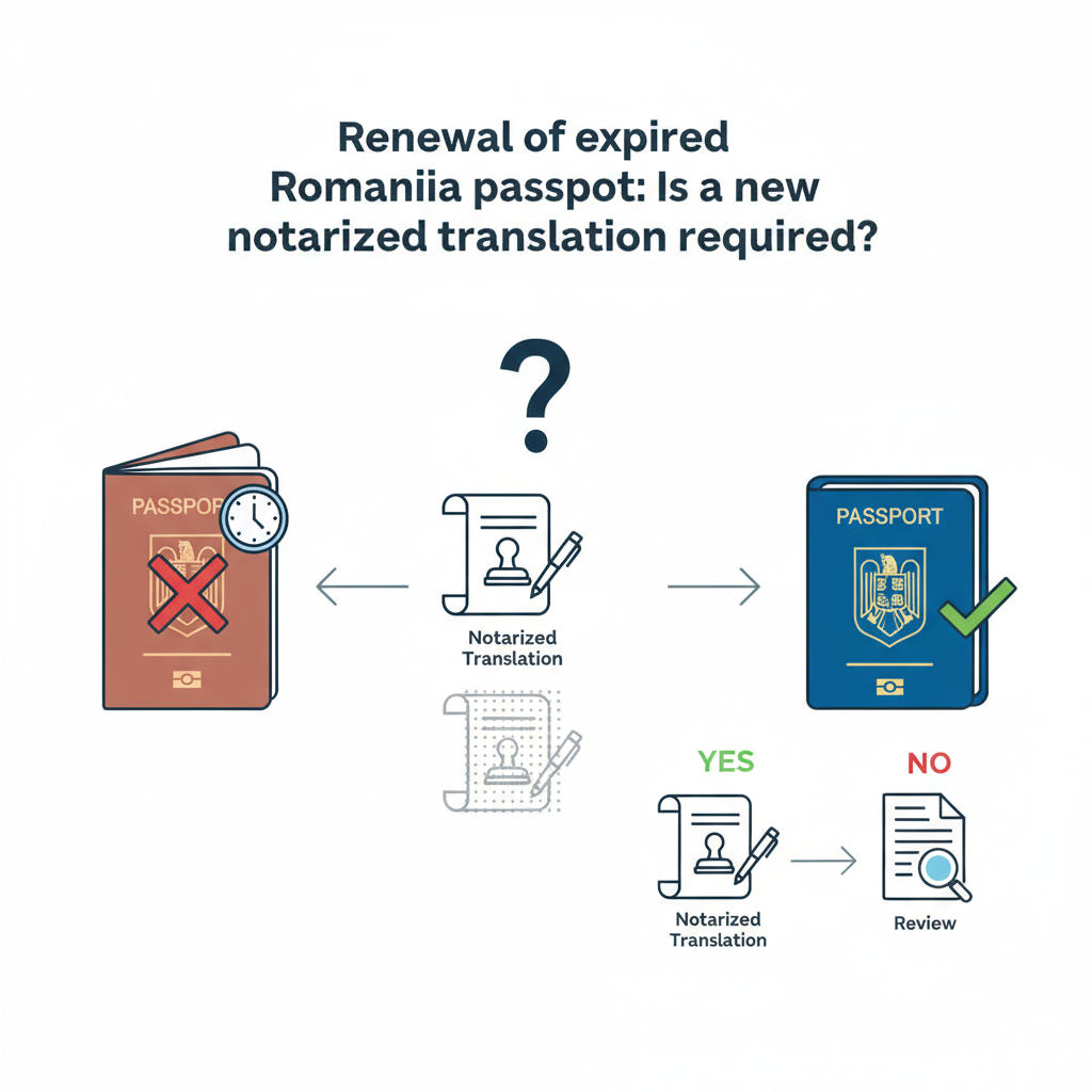חידוש דרכון רומני פג תוקף: האם נדרש תרגום נוטריוני מחדש? - הדרכה ויזואלית איור הסבר מפורט הממחיש את התהליך של חידוש דרכון רומני פג תוקף: האם נדרש תרגום נוטריוני מחדש? עם דגשים ויזואליים