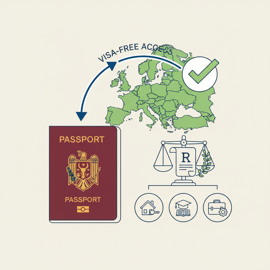 היתרונות של הדרכון המולדובי: פטור מויזות לאירופה וזכויות נוספות. (מאמר שיווקי שמסביר איור הסבר מפורט הממחיש את התהליך של היתרונות של הדרכון המולדובי: פטור מויזות לאירופה וזכויות נוספות. (מאמר שיווקי שמסביר