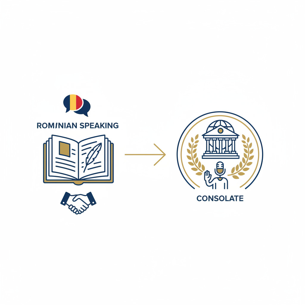 נוטריון דובר רומנית להכנה לראיון ושבועת האמונים בקונסוליה. - הדרכה ויזואלית איור הסבר מפורט הממחיש את התהליך של נוטריון דובר רומנית להכנה לראיון ושבועת האמונים בקונסוליה. עם דגשים ויזואליים