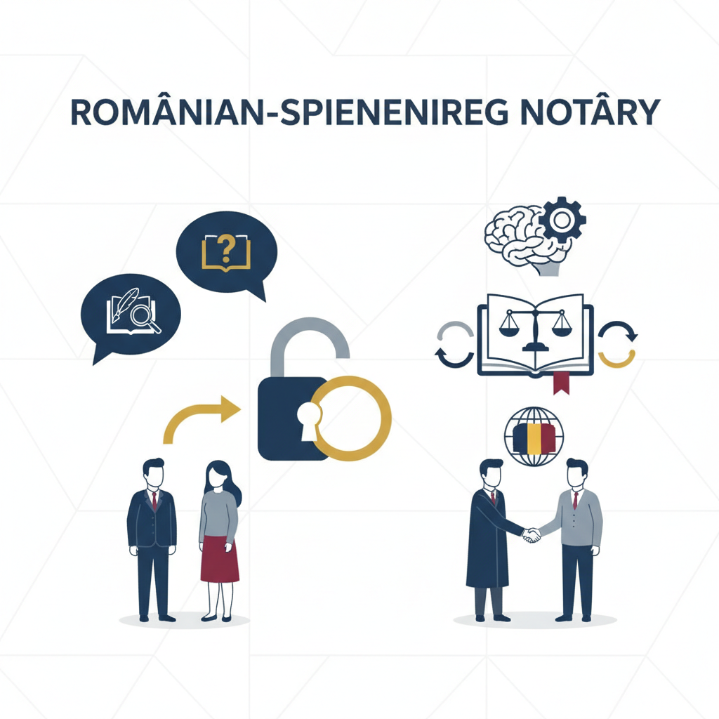נוטריון דובר רומנית – למה חשוב שהנוטריון יבין את שפת המקור ולא רק המתרגם? - הדרכה ויזואלית איור הסבר מפורט הממחיש את התהליך של נוטריון דובר רומנית – למה חשוב שהנוטריון יבין את שפת המקור ולא רק המתרגם? עם דגשים ויזואליים