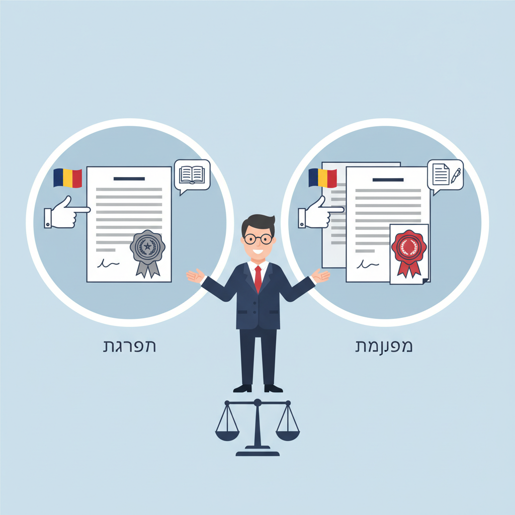 נוטריון דובר רומנית מסביר על ההבדל בין אפוסטיל על המקור לאפוסטיל על התרגום. - הדרכה ויזואלית איור הסבר מפורט הממחיש את התהליך של נוטריון דובר רומנית מסביר על ההבדל בין אפוסטיל על המקור לאפוסטיל על התרגום. עם דגשים ויזואליים