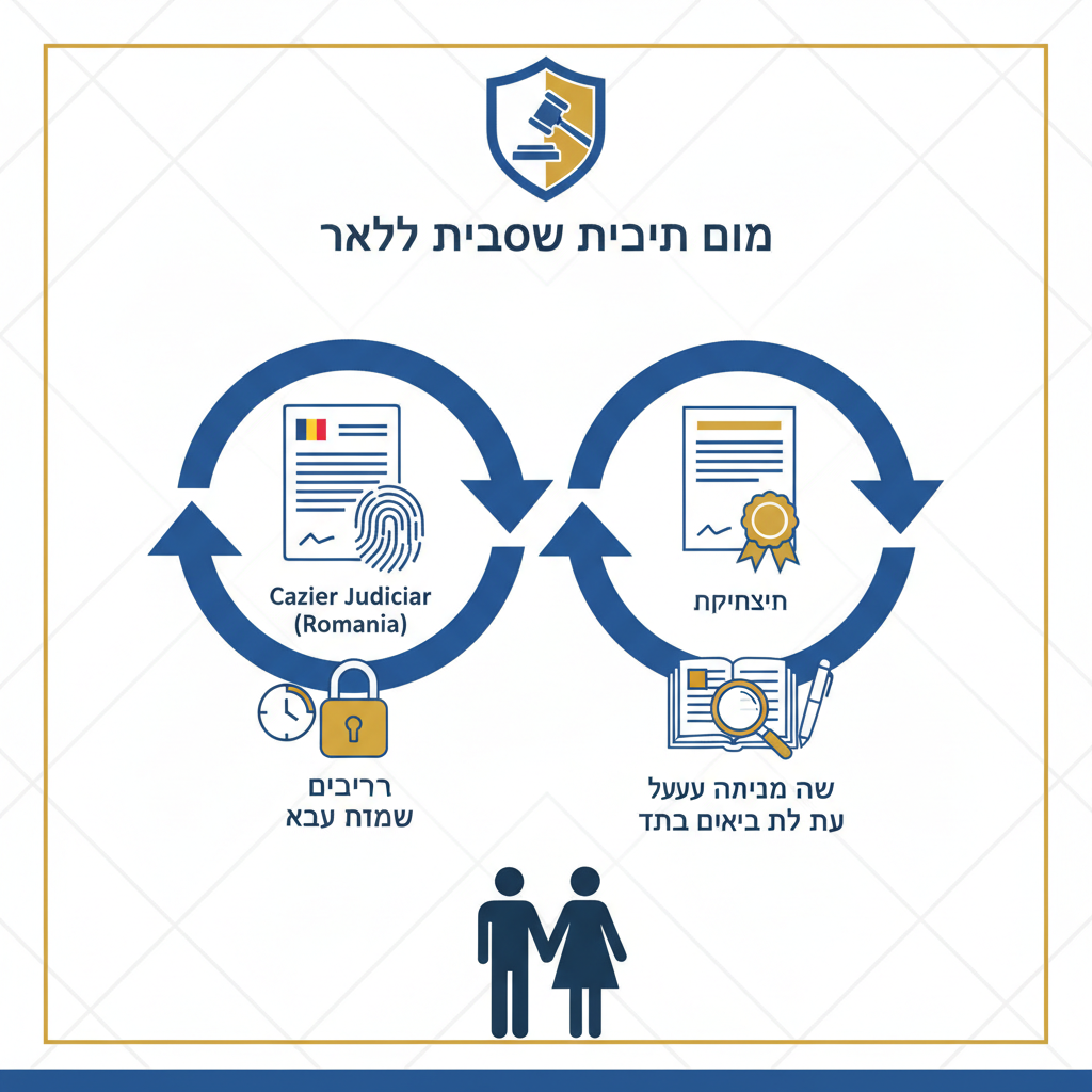 הליך מדורג לבני זוג: תרגום תעודת יושר (Cazier Judiciar) מרומניה + אפוסטיל. (דגש על המידע הפלילי, התוקף הקצר של התעודה והחובה לתרגם את הכל). - הדרכה ויזואלית איור הסבר מפורט הממחיש את התהליך של הליך מדורג לבני זוג: תרגום תעודת יושר (Cazier Judiciar) מרומניה + אפוסטיל. (דגש על המידע הפלילי, התוקף הקצר של התעודה והחובה לתרגם את הכל). עם דגשים ויזואליים