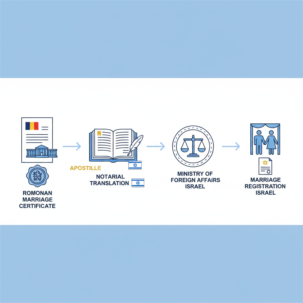 רישום נישואין בישראל: תרגום נוטריוני של תעודת נישואין מרומניה והאפוסטיל המצורף. (מדריך לזוגות שנשאו ברומניה ומבקשים להירשם בארץ כנשואים). - הדרכה ויזואלית איור הסבר מפורט הממחיש את התהליך של רישום נישואין בישראל: תרגום נוטריוני של תעודת נישואין מרומניה והאפוסטיל המצורף. (מדריך לזוגות שנשאו ברומניה ומבקשים להירשם בארץ כנשואים). עם דגשים ויזואליים