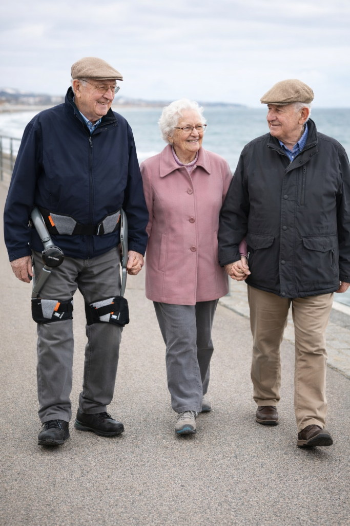 Seniors marchant ensemble avec l'exosquelette