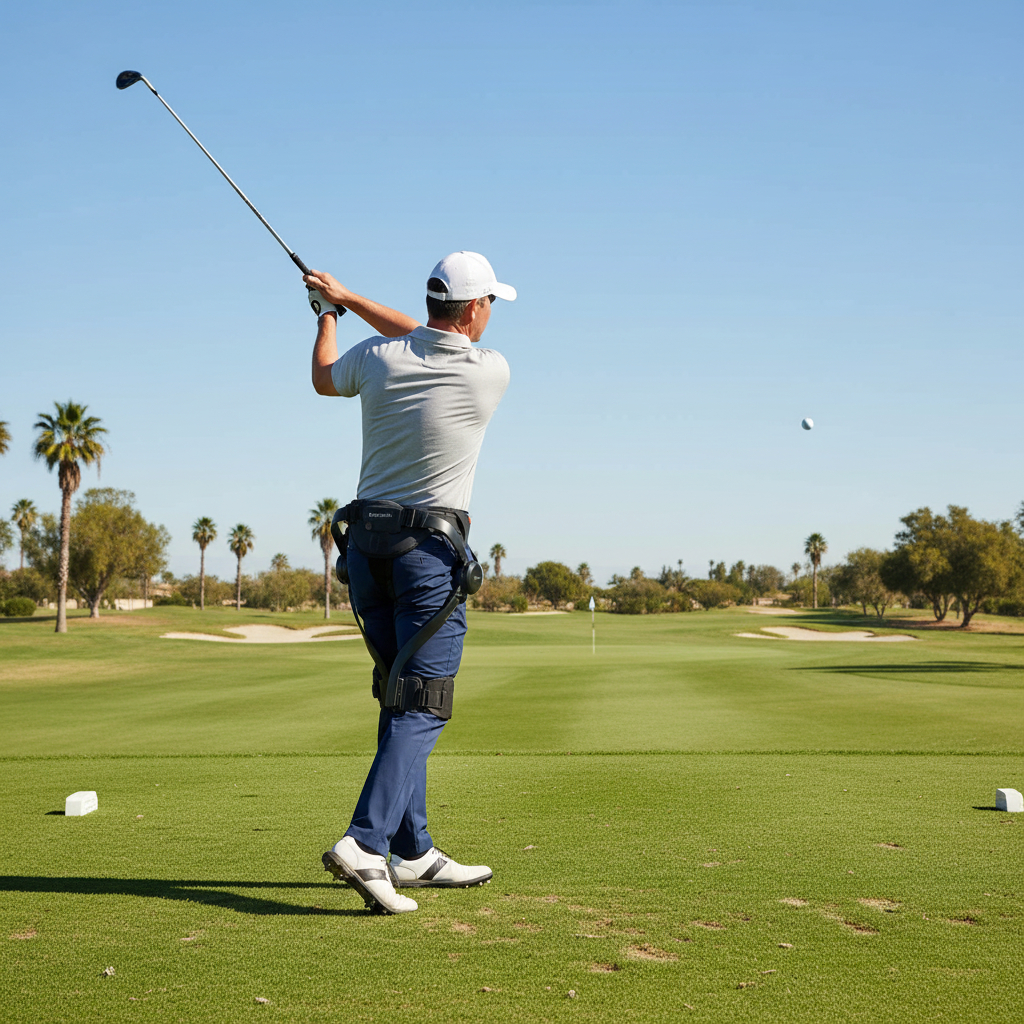 Senior jouant au golf avec exosquelette