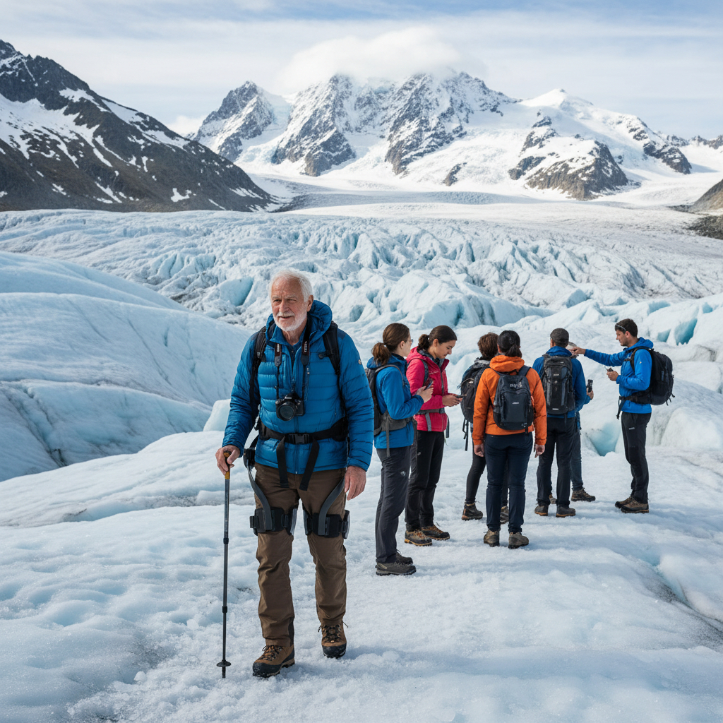 Senior sur glacier avec exosquelette