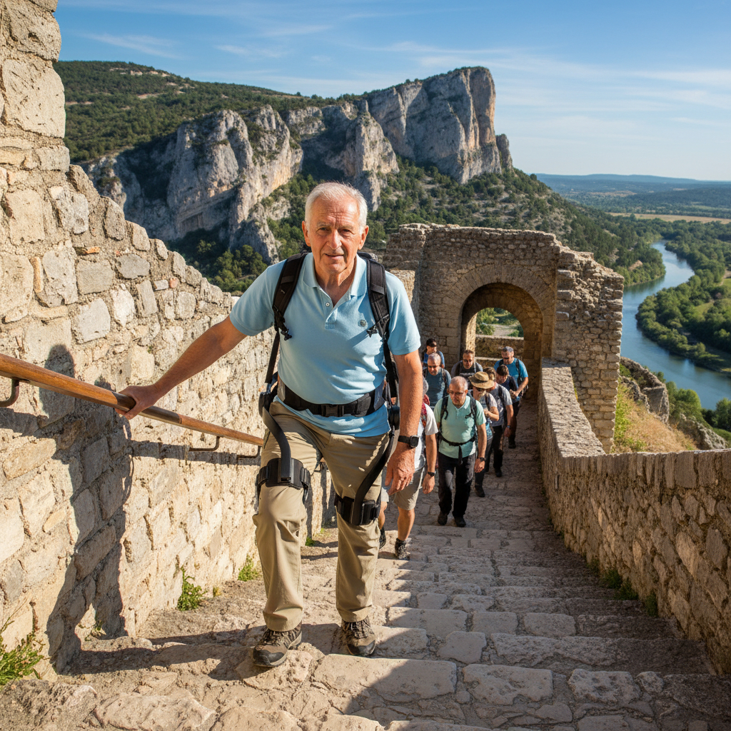 Senior en randonnée avec exosquelette