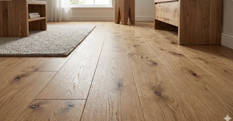 Solid oak herringbone flooring fitted in a London living room