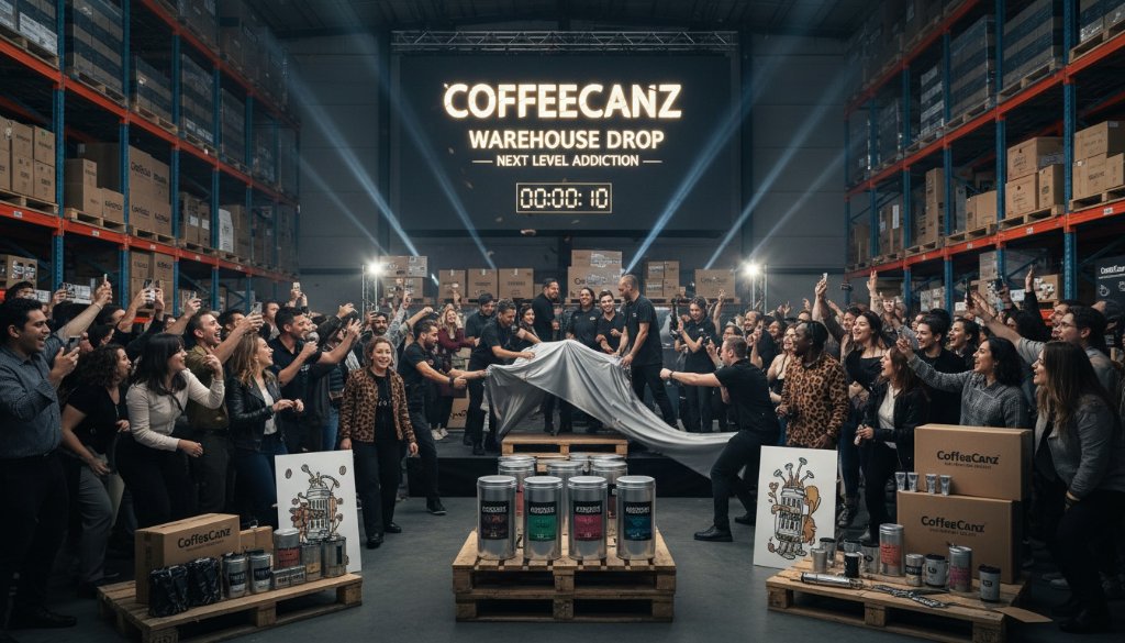 CoffeeCanz warehouse drop event with excited customers