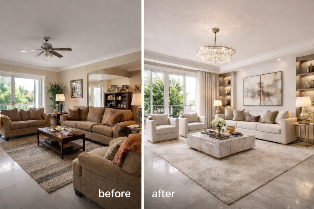 Luxury restaging living room furnished to staged residential transformation
