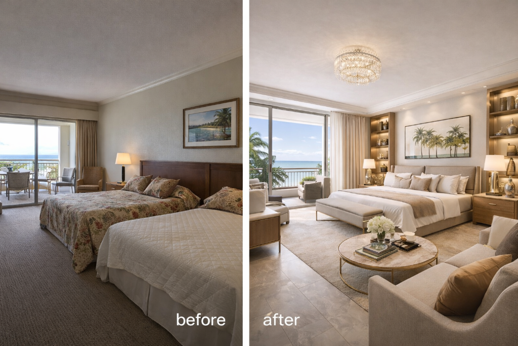 Resort hotel room luxury restaging before and after hospitality staging