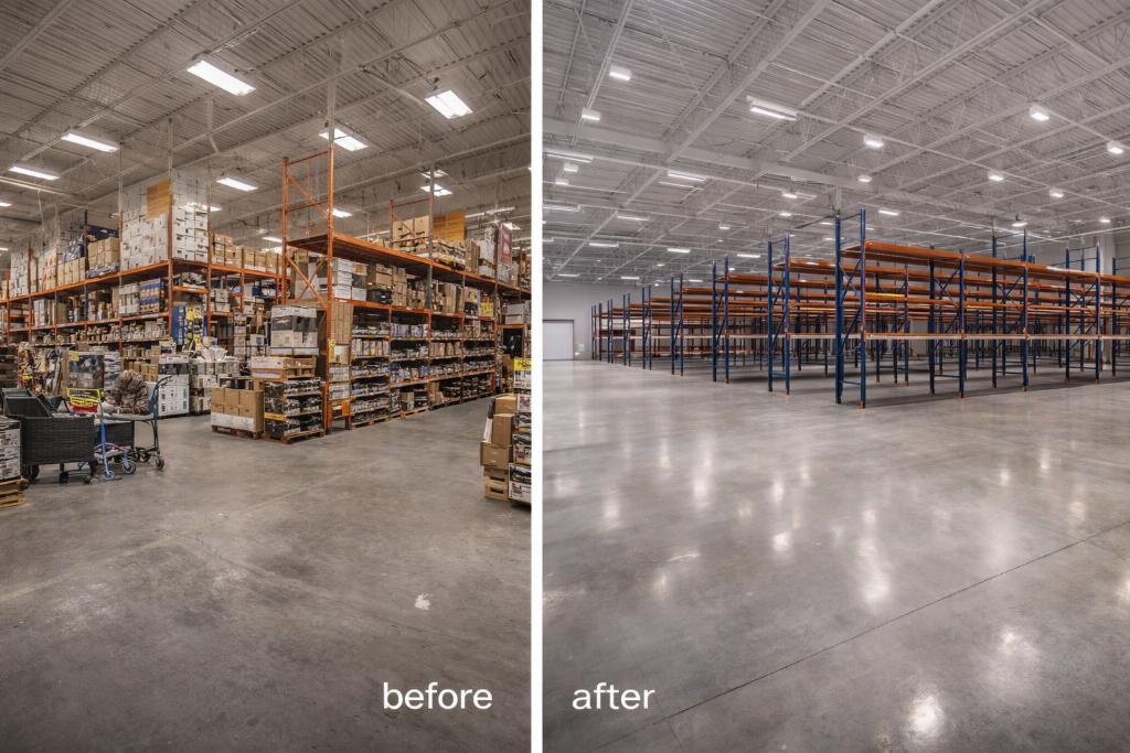 Industrial warehouse virtual restaging furnished to staged large commercial space