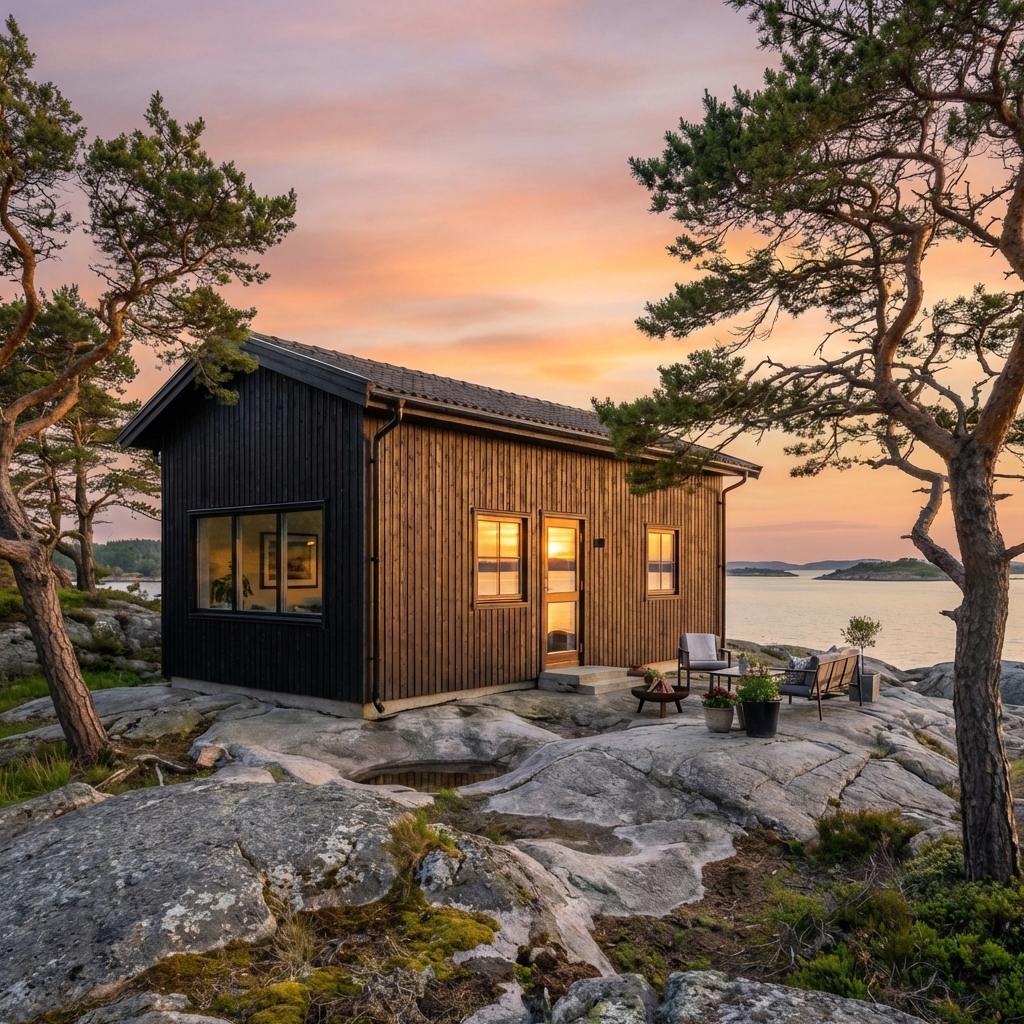 Moderne nøkkelferdig mikrohus med store vinduer og stilrent design