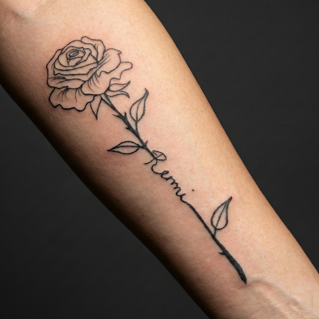 Fine line rose tattoo showcasing crispy line work