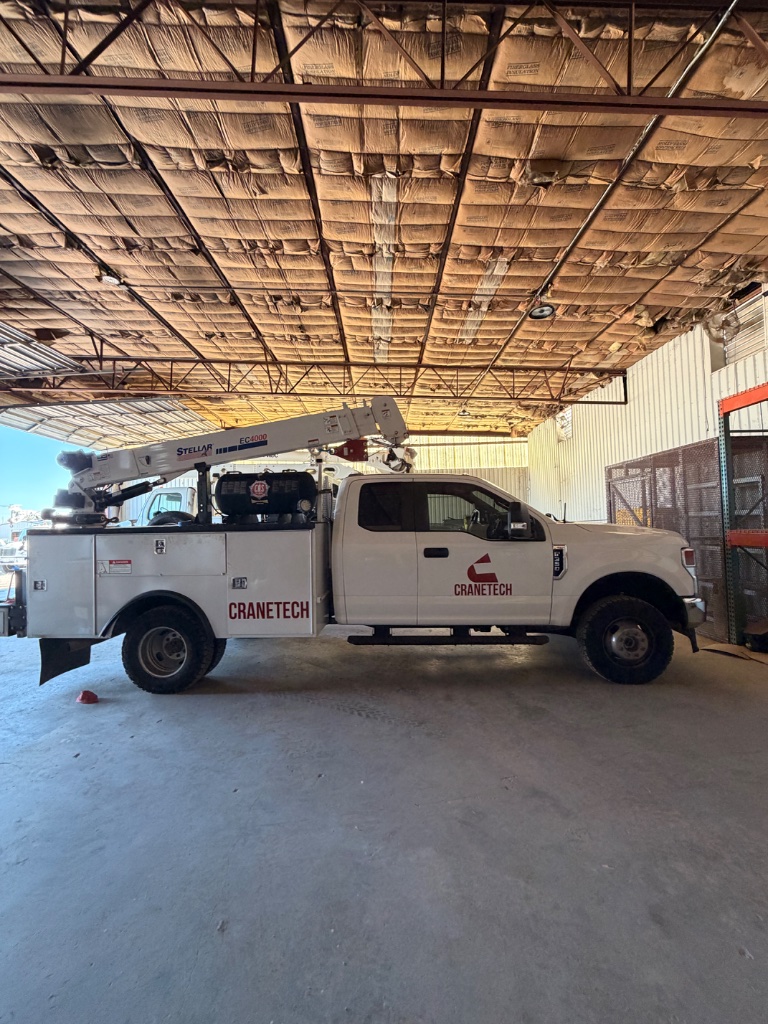 CRANETEC mobile service truck with crane at facility — preventive maintenance bucket truck DFW