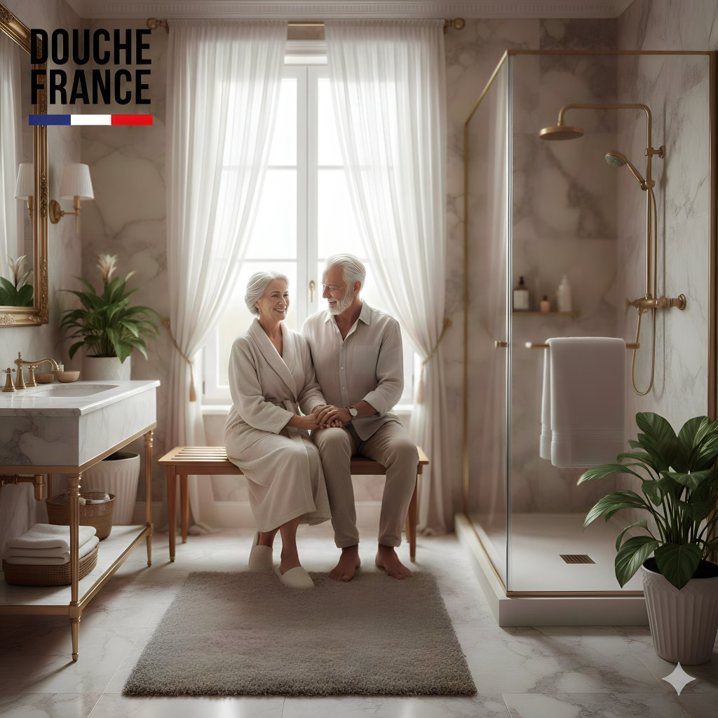 Couple de seniors heureux dans leur salle de bain luxueuse avec douche sécurisée