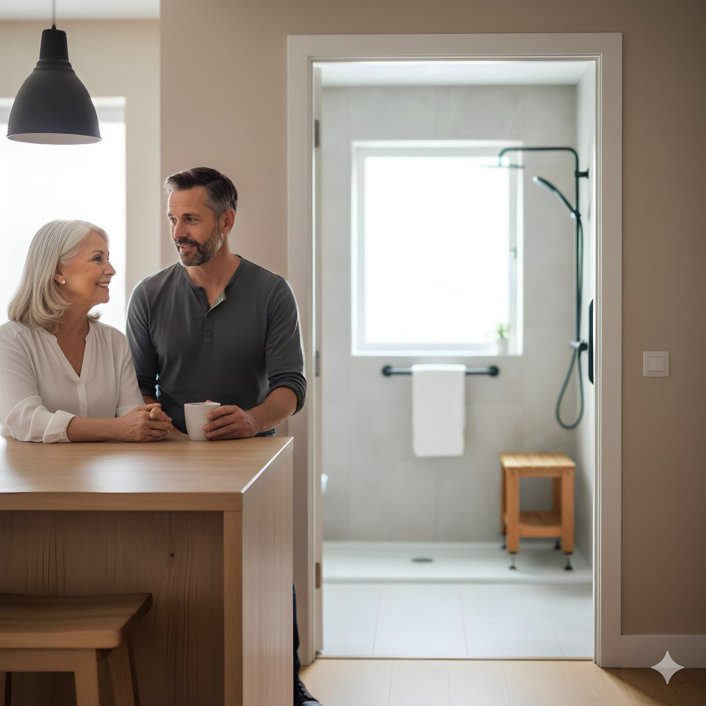 Couple senior discutant de leur projet de douche sécurisée