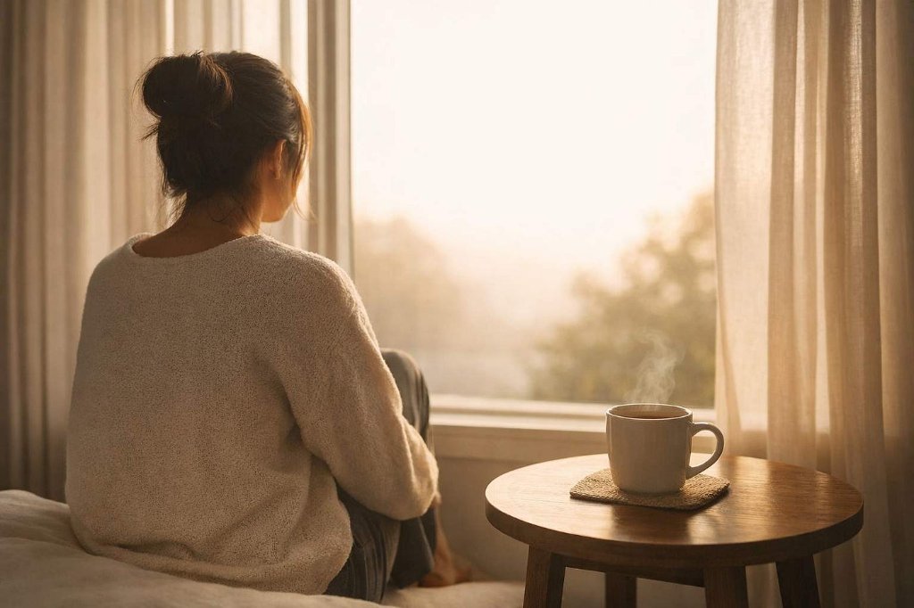 Person sitting on bed listening on phone at night