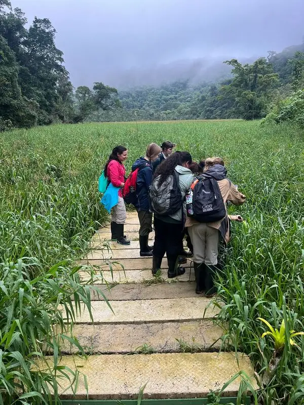 Researchers on floating bridge during daytime field work