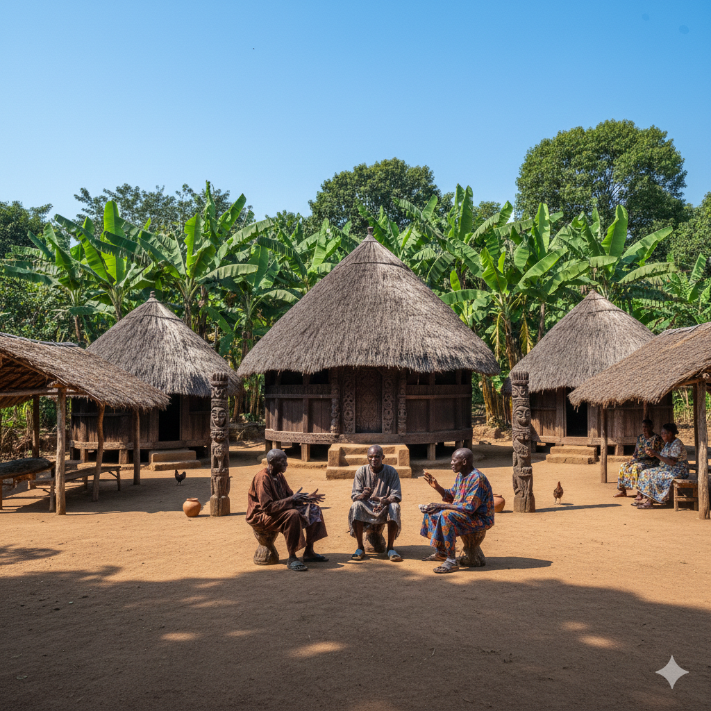 Cases traditionnelles bamiléké avec sages en réunion