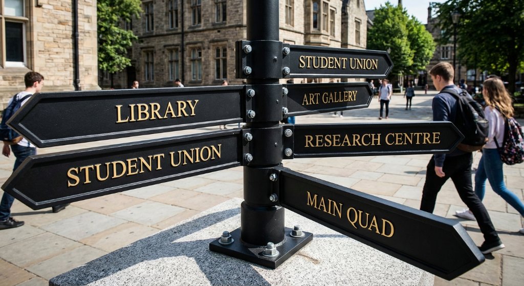 Outdoor campus directional post signs with multiple destinations