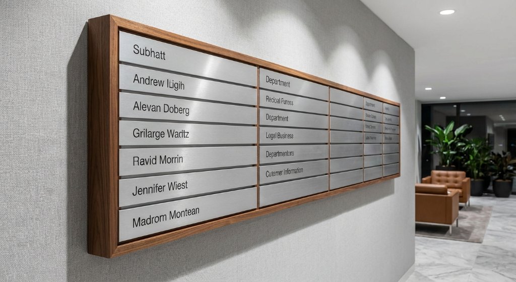 Executive directory board with wood frame and interchangeable inserts