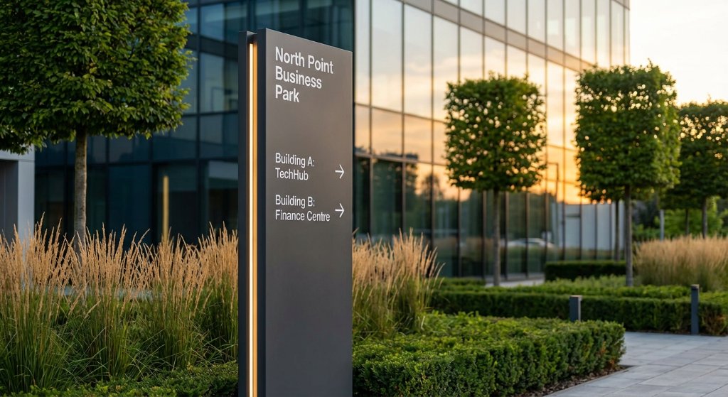 Exterior monument sign for business park with illuminated panel