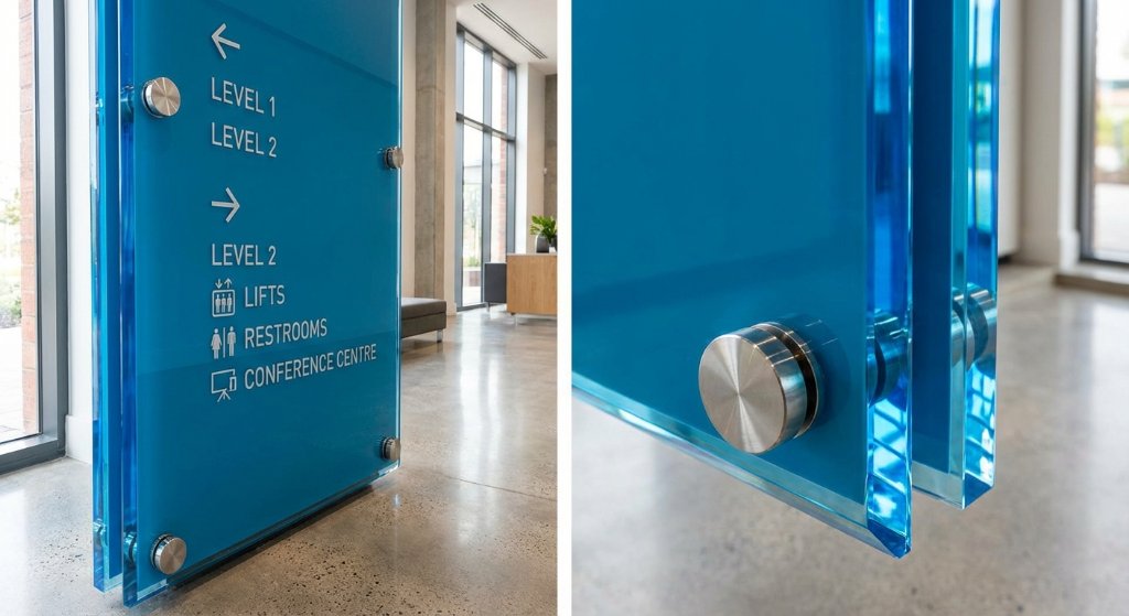 Modern blue acrylic wayfinding panel with directional information