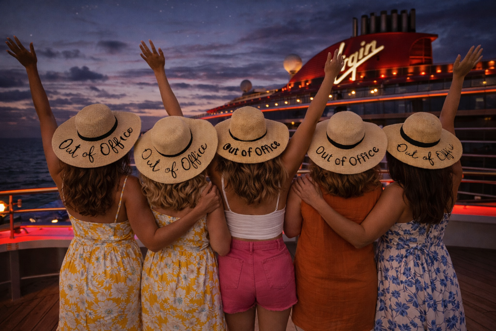 SAIL participants celebrating leadership transformation on Virgin Voyages deck at night